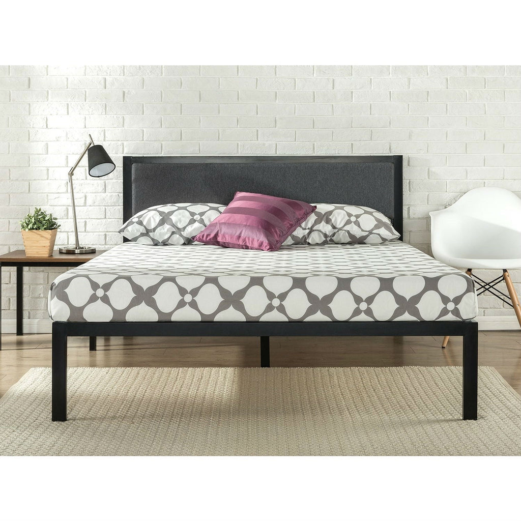 Full size Metal Platform Bed Frame with Wood Slats and Upholstered Headboard - Deals Kiosk