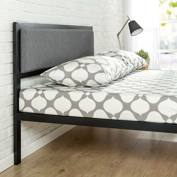 Full size Metal Platform Bed Frame with Wood Slats and Upholstered Headboard - Deals Kiosk