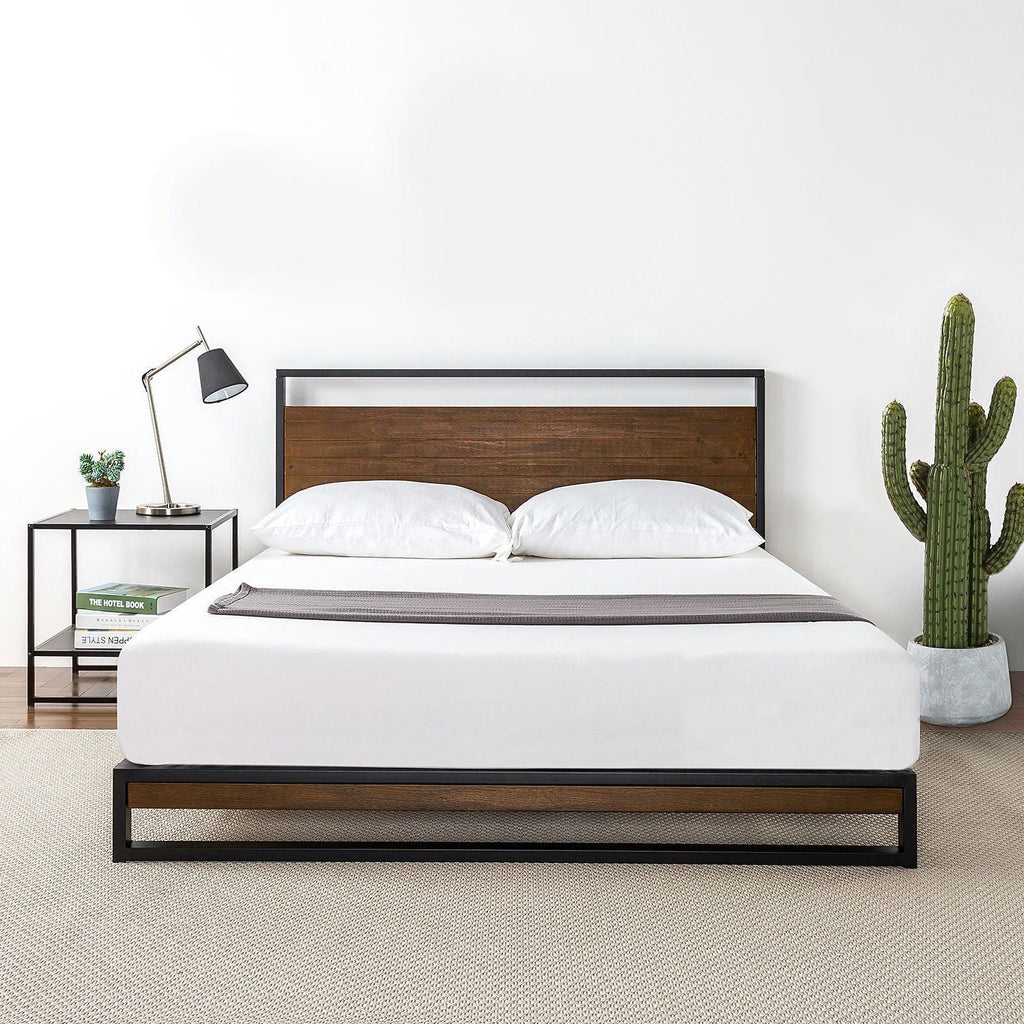 Full size Metal Wood Platform Bed Frame with Headboard - Deals Kiosk