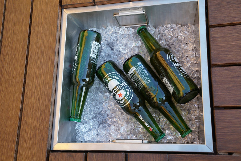 7 PCS Patio Gas Firepit and Ice Container Rectangle Dining Set with 6 Standard Height Chairs - Deals Kiosk