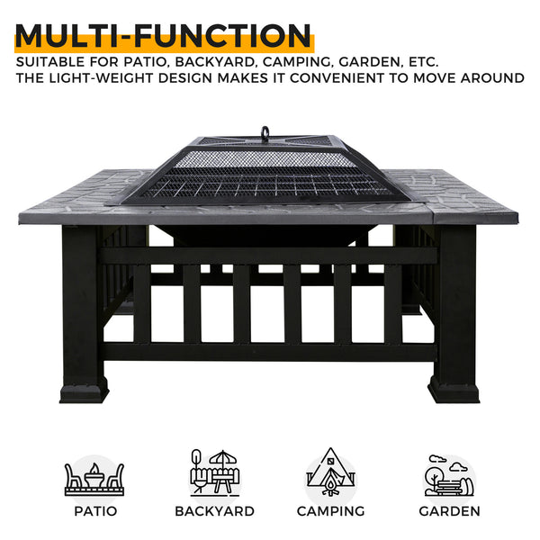 32in 3 in 1Multifunctional Fire Pit Table  Metal Square Patio Firepit Table BBQ Garden Stove with Spark Screen, Cover, Log Grate and Poker for Warmth, BBQ and Cooling Drinks XH - Deals Kiosk