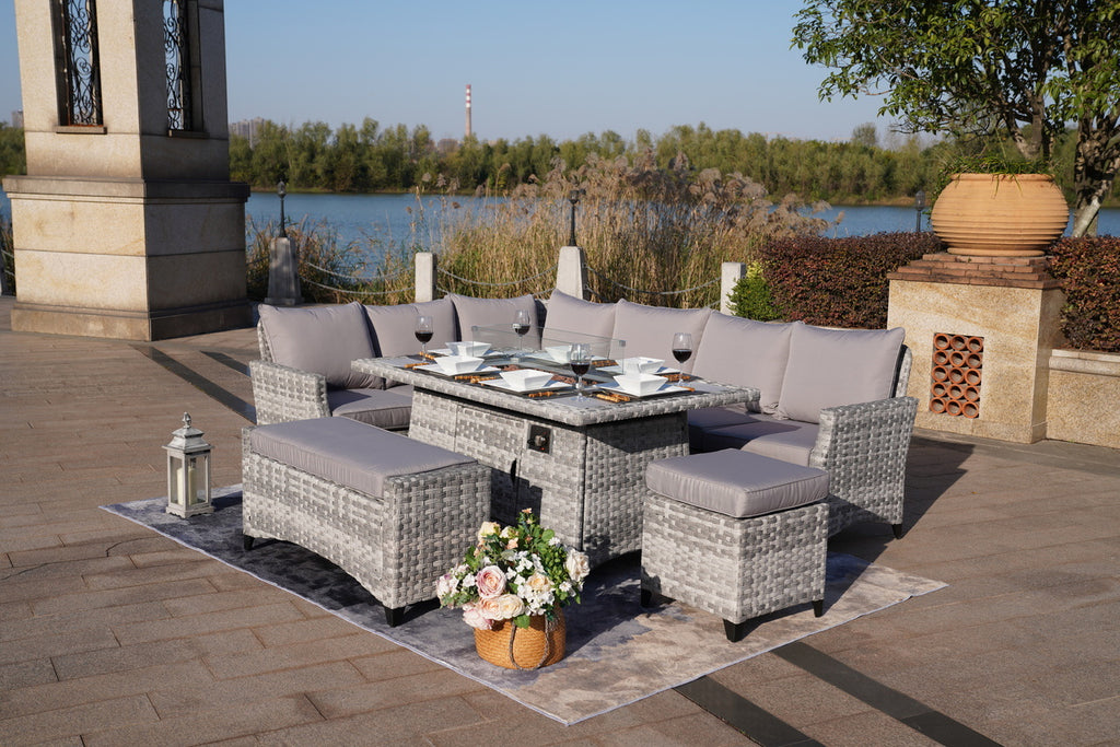 5-Piece Gray Wicker Outdoor Conversational Sofa Set with Fire Pit Table and Ottoman - Deals Kiosk