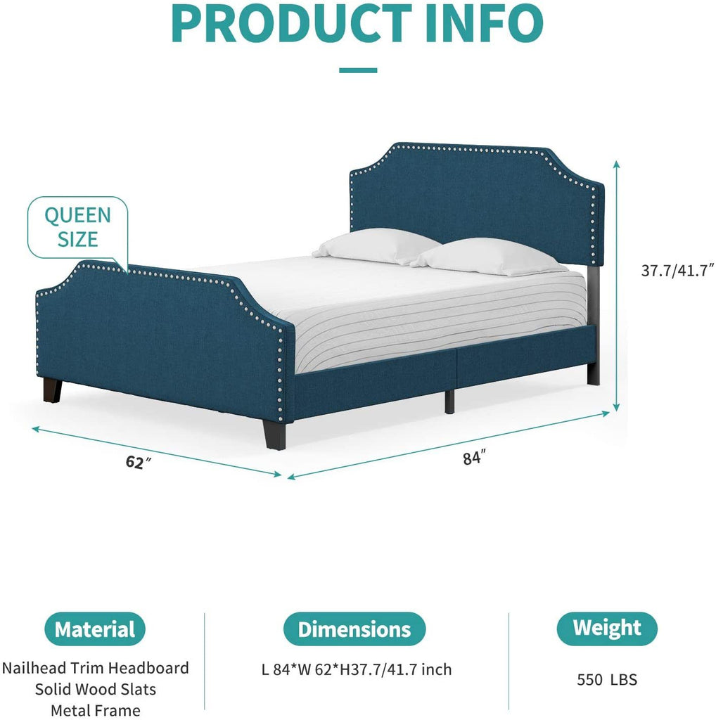 mecor Upholstered Linen Queen Platform Bed Frame - Mattress Foundation with Curved Nailhead Trim Headboard - Headboard Height Adjustable - Wood Slats Support (Blue Fabric, Queen) RT - Deals Kiosk