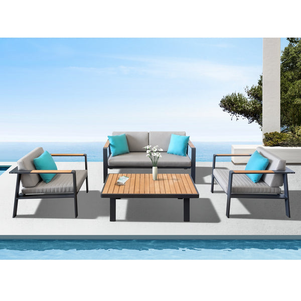 Higold - Nofi Patio Furniture, 4 Pieces Conversation Set with Loveseat Sofa, Grade A Teak, Matte Charcoal Aluminum Finish, Brown Cushions, Blue Pillows Included - Deals Kiosk