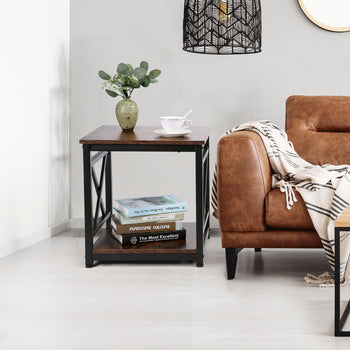 Industrial End Table, 18 inch Square Side Table with Storage Shelf, Sturdy X-Design Metal Frame, for Living Room Bedroom - Deals Kiosk