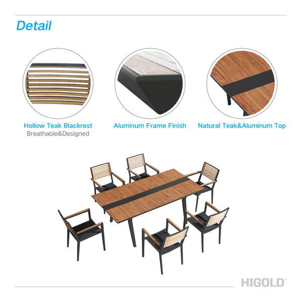 Higold - Champion Patio Dining Set, 7 Pieces Outdoor Dining Chairs with Teak Solid Wood Tabletop, Matte Charcoal Aluminum Frame - Deals Kiosk