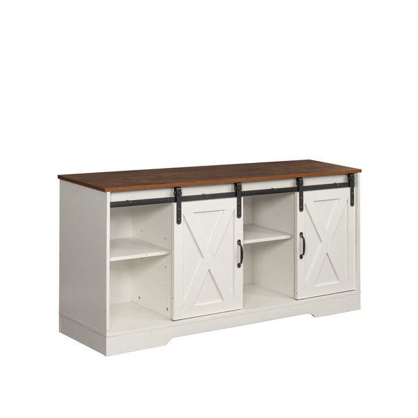 Distressed White&Rustic Sliding Barn Door TV Stand Modern&Farmhouse Wood Entertainment Center, Storage Cabinet Table Living Room with Adjustable Shelves for TVs Up to 65" XH - Deals Kiosk
