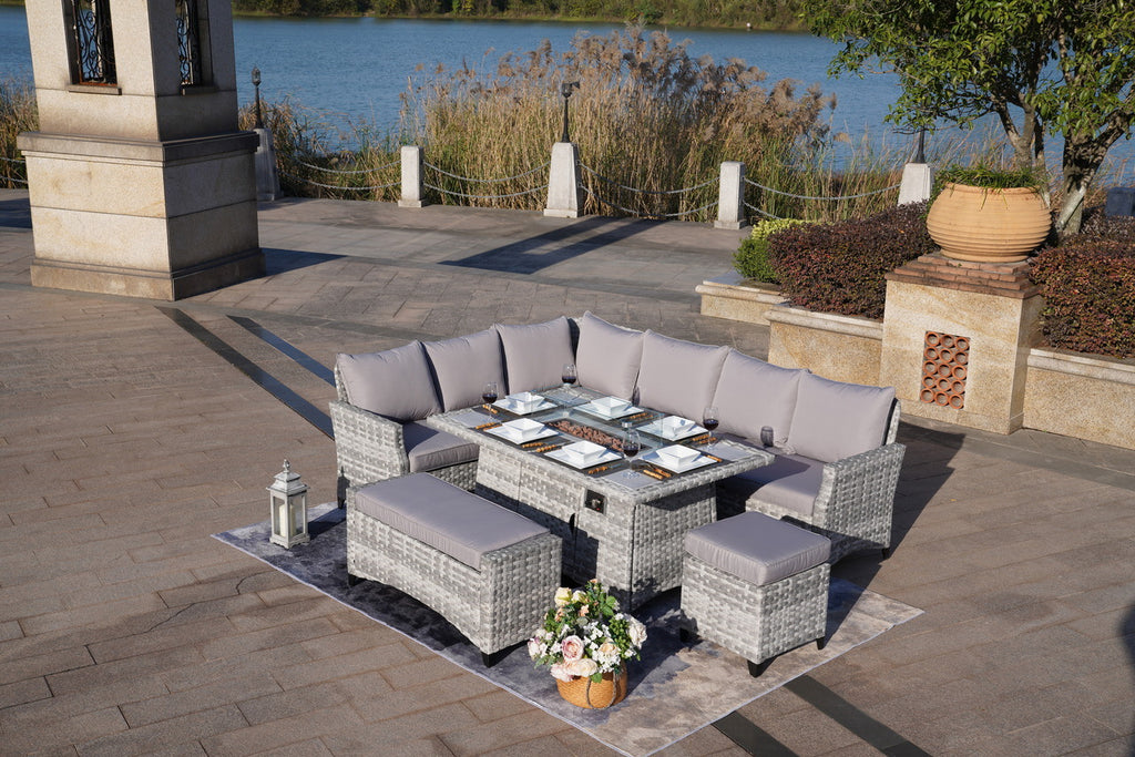 5-Piece Gray Wicker Outdoor Conversational Sofa Set with Fire Pit Table and Ottoman - Deals Kiosk