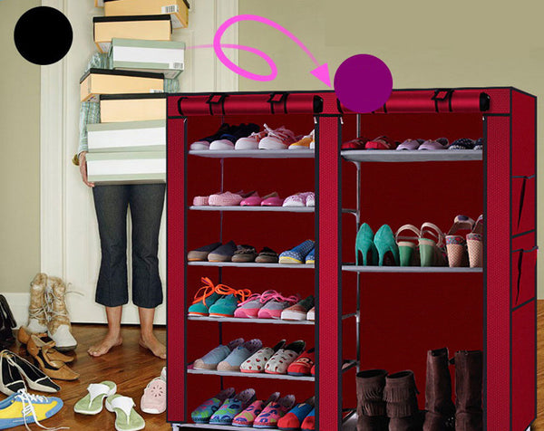 Double Rows Home Shoe Rack Shelf Storage Closet Organizer Cabinet Portable Cover Wine Red - Deals Kiosk