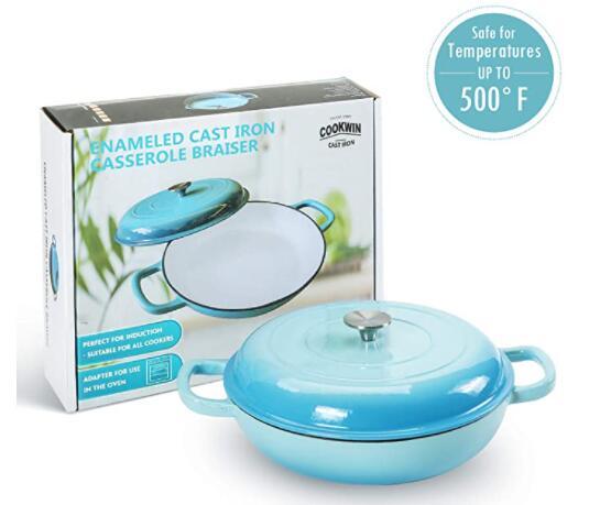 COOKWIN Cast Iron Casserole Braiser, 3.8 Quart,Heavy Duty Casserole Skillet with Lid and Dual Handles, Porcelain Enameled Surface Cookware Pot - Deals Kiosk