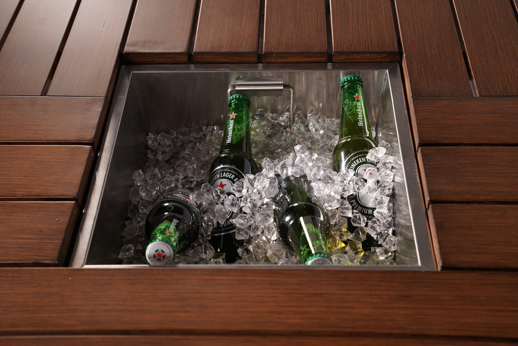 7 PCS Patio Gas Firepit and Ice Container Rectangle Dining Set with 6 Standard Height Chairs - Deals Kiosk