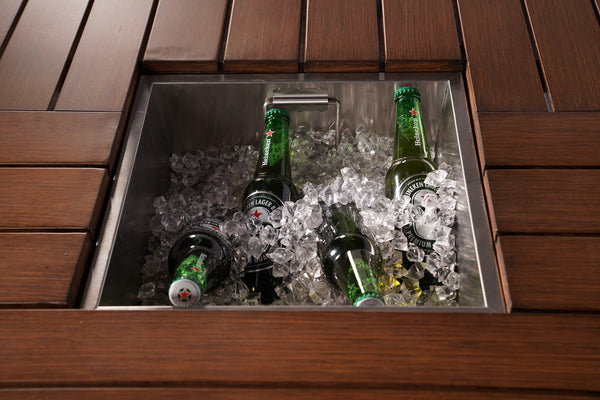 7 PCS Patio Gas Firepit and Ice Container Rectangle Dining Set with 6 Standard Height Chairs - Deals Kiosk