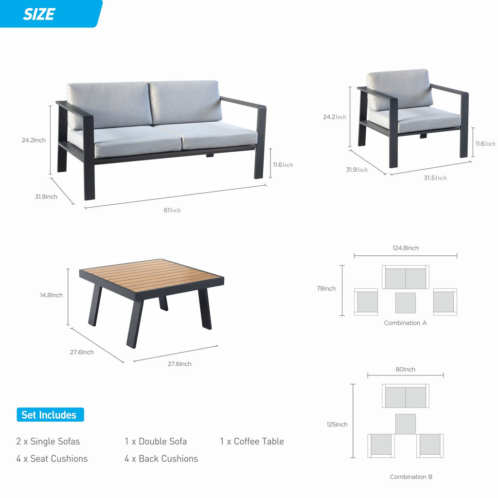 Higold 3801 Pro Nofi Patio Furniture, 4 Pieces Outdoor Conversation Set with Loveseat, Grey Seat Cushions, Matte Charcoal AluminumFrame, Imitated Teak Aluminum Tabletop - Deals Kiosk