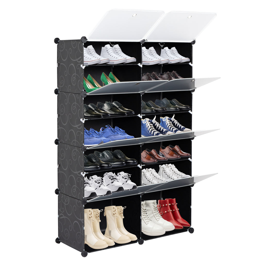 7-Tier Portable 28 Pair Shoe Rack Organizer 14 Grids Tower Shelf Storage Cabinet Stand Expandable for Heels, Boots, Slippers, Black RT - Deals Kiosk