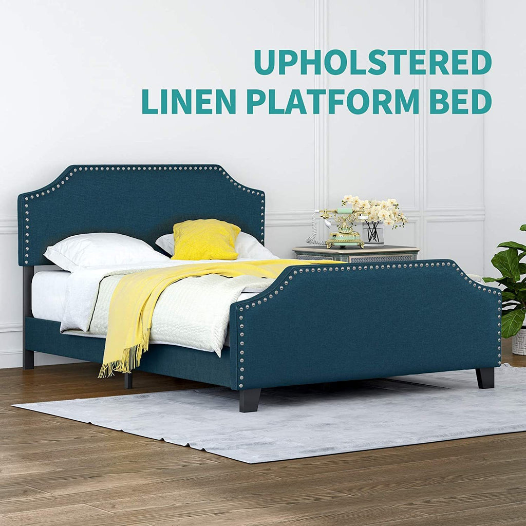 mecor Upholstered Linen Queen Platform Bed Frame - Mattress Foundation with Curved Nailhead Trim Headboard - Headboard Height Adjustable - Wood Slats Support (Blue Fabric, Queen) RT - Deals Kiosk