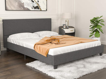 Full Size Mecor Upholstered Linen Full Platform Bed Metal Frame with Wood Slat Support, Dark Grey--YS - Deals Kiosk