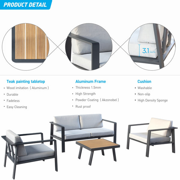 Higold 3801 Pro Nofi Patio Furniture, 4 Pieces Outdoor Conversation Set with Loveseat, Grey Seat Cushions, Matte Charcoal AluminumFrame, Imitated Teak Aluminum Tabletop - Deals Kiosk