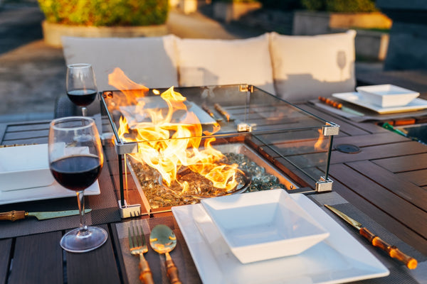 7 PCS Patio Conversational Sofa Set With 1 Gas Firepit And Ice Container Rectangle Dining Table. 1 Storage Box  And 2 Ottomans - Deals Kiosk