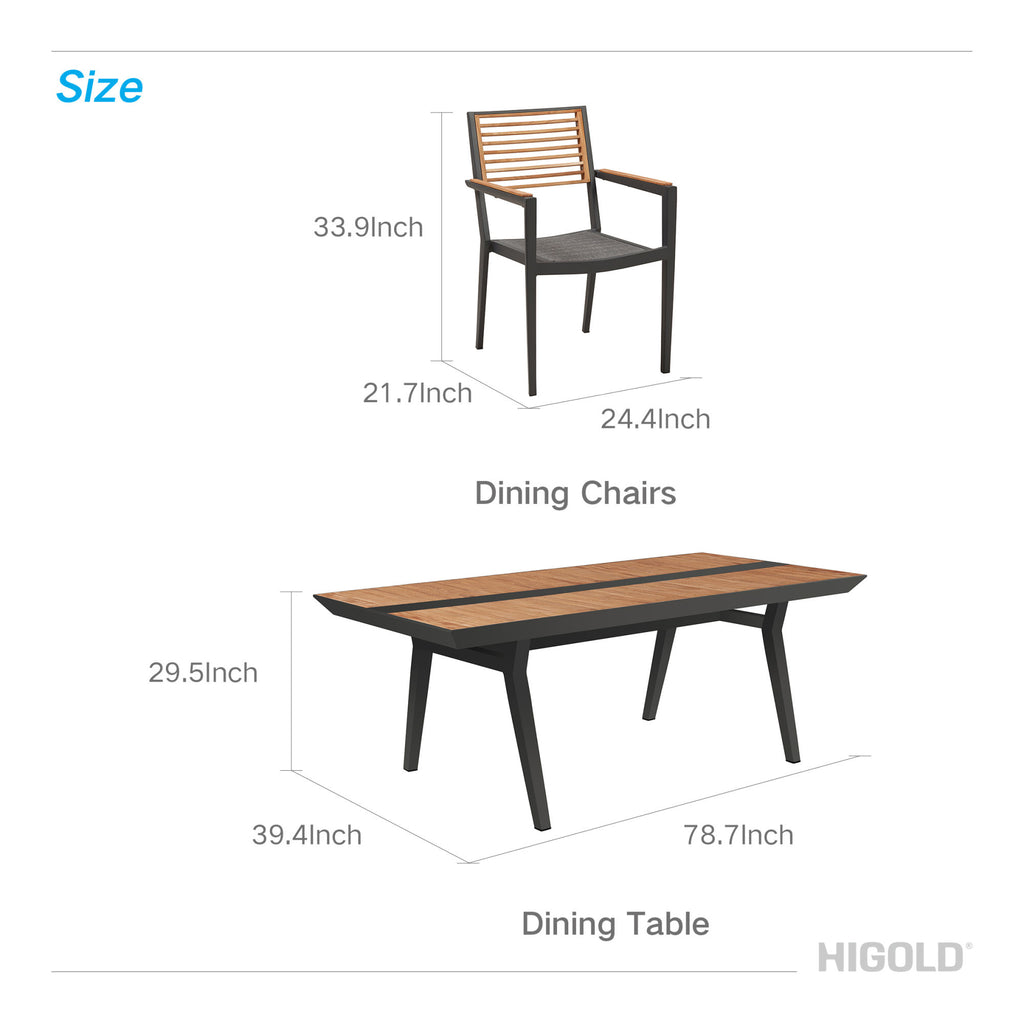 Higold - Champion Patio Dining Set, 7 Pieces Outdoor Dining Chairs with Teak Solid Wood Tabletop, Matte Charcoal Aluminum Frame - Deals Kiosk