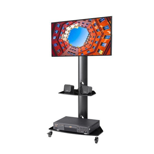 Height and Angle Adjustable Multi-Function Tempered Glass Metal Frame Floor With Lockable Wheels Mobile TV Stand, LCD TV Bracket Plasma TV bracket - Deals Kiosk