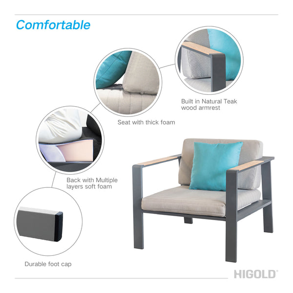 Higold - Nofi Patio Furniture, 4 Pieces Conversation Set with Loveseat Sofa, Grade A Teak, Matte Charcoal Aluminum Finish, Brown Cushions, Blue Pillows Included - Deals Kiosk