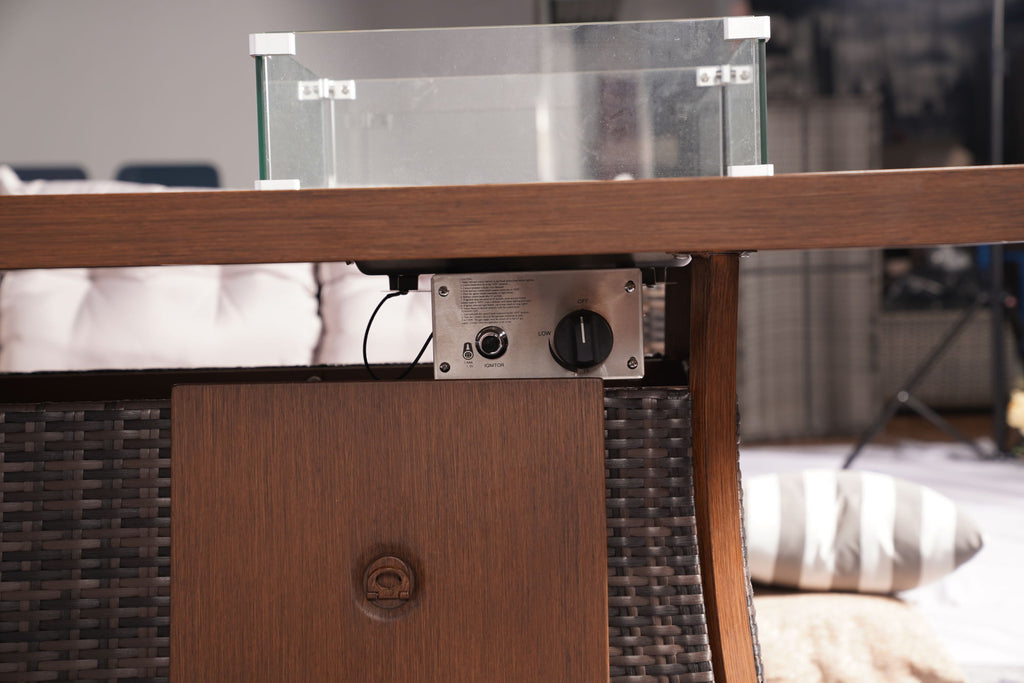 7 PCS Patio Gas Firepit and Ice Container Rectangle Dining Set with 6 Standard Height Chairs - Deals Kiosk