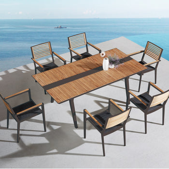 Higold - Champion Patio Dining Set, 7 Pieces Outdoor Dining Chairs with Teak Solid Wood Tabletop, Matte Charcoal Aluminum Frame - Deals Kiosk