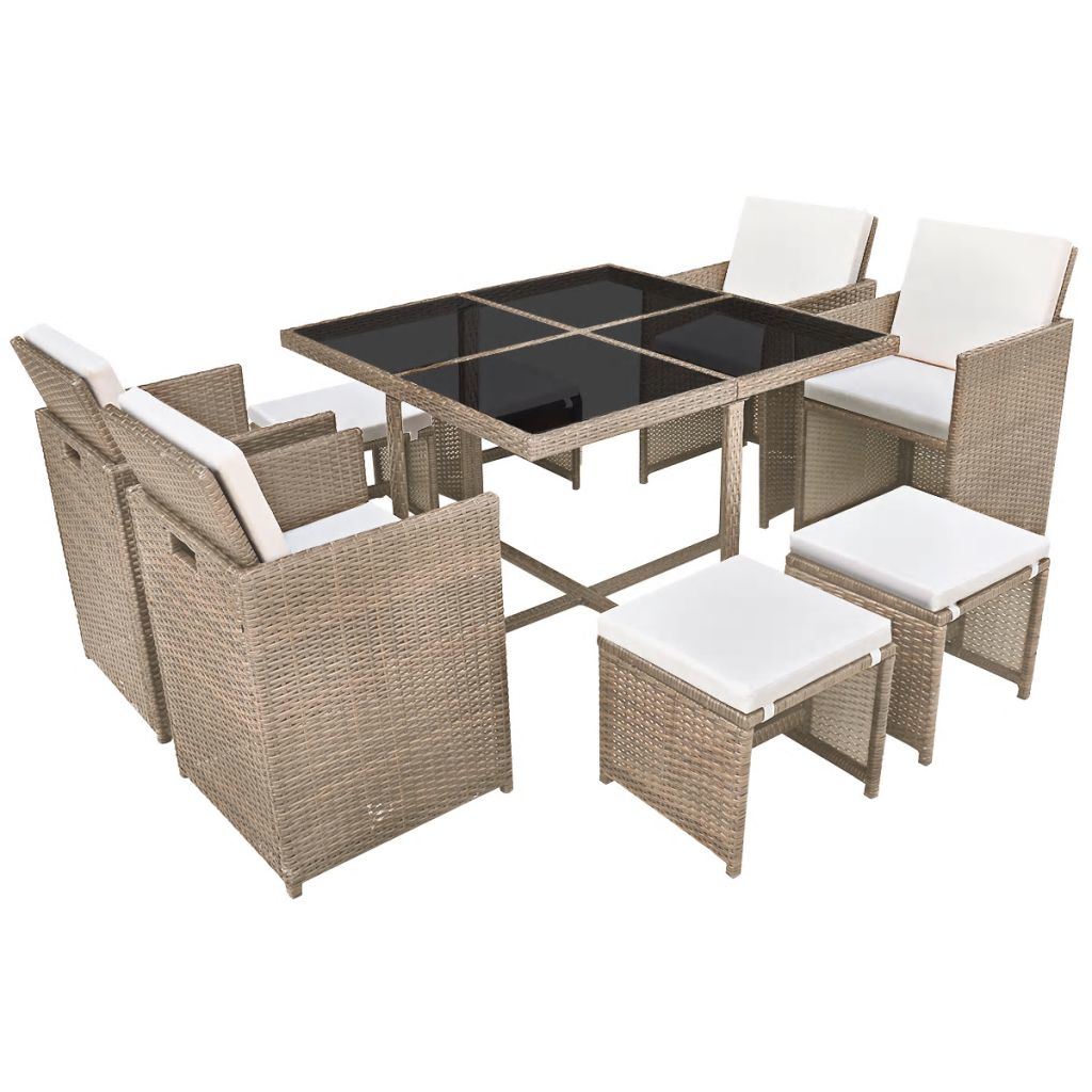 9 Piece Outdoor Dining Set with Cushions Poly Rattan Beige - Deals Kiosk