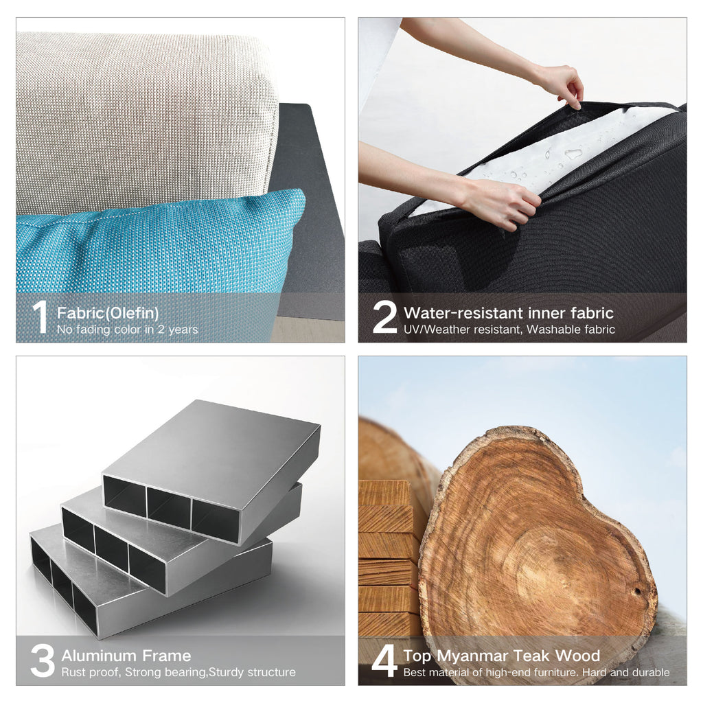 Higold - Nofi Patio Furniture, 4 Pieces Conversation Set with Loveseat Sofa, Grade A Teak, Matte Charcoal Aluminum Finish, Brown Cushions, Blue Pillows Included - Deals Kiosk