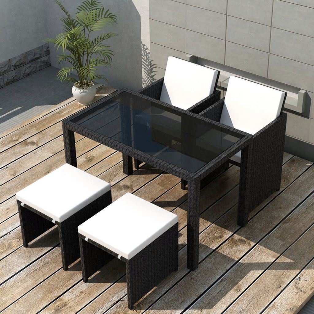 5 Piece Outdoor Dining Set with Cushions Poly Rattan Black - Deals Kiosk