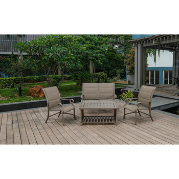 Aluminum Patio Chat Set with Faux Wood Top Table & Quick Dry Cushioning 4PCS SET - Deals Kiosk