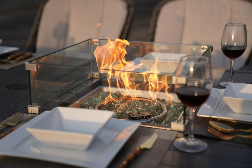 7 PCS Patio Gas Firepit and Ice Container Rectangle Dining Set with 6 Standard Height Chairs - Deals Kiosk