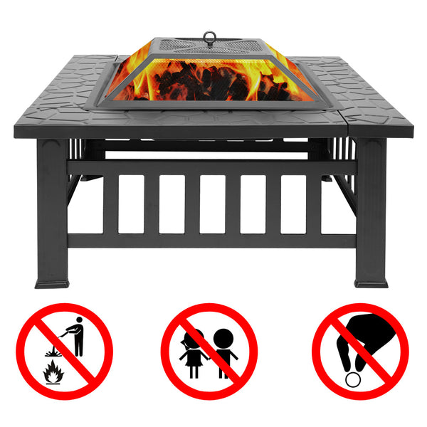 32 Inch Heavy Duty 3 in 1 Metal Square Patio Firepit Table BBQ Garden Stove with Spark Screen Cover Log Grate and Poker for Outside Wood Burning and Drink Cooling - Deals Kiosk