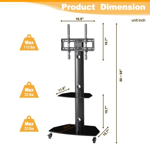 Height and Angle Adjustable Multi-Function Tempered Glass Metal Frame Floor With Lockable Wheels Mobile TV Stand, LCD TV Bracket Plasma TV bracket - Deals Kiosk
