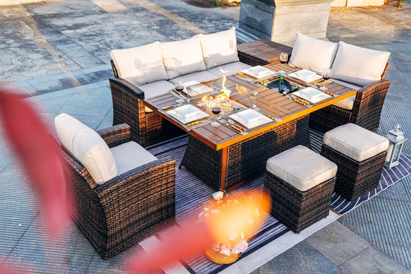 7 PCS Patio Conversational Sofa Set With 1 Gas Firepit And Ice Container Rectangle Dining Table. 1 Storage Box  And 2 Ottomans - Deals Kiosk