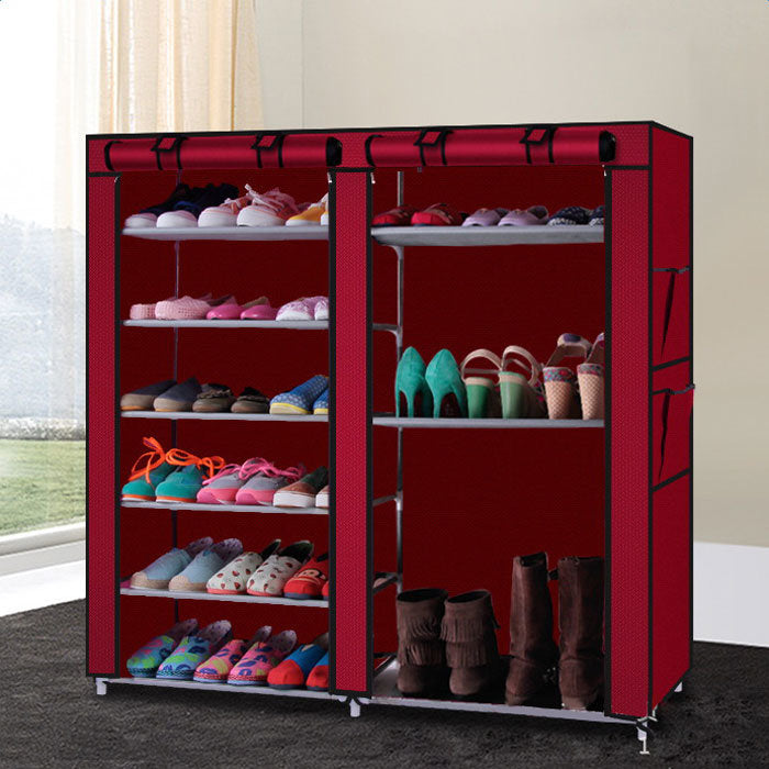 Double Rows Home Shoe Rack Shelf Storage Closet Organizer Cabinet Portable Cover Wine Red - Deals Kiosk