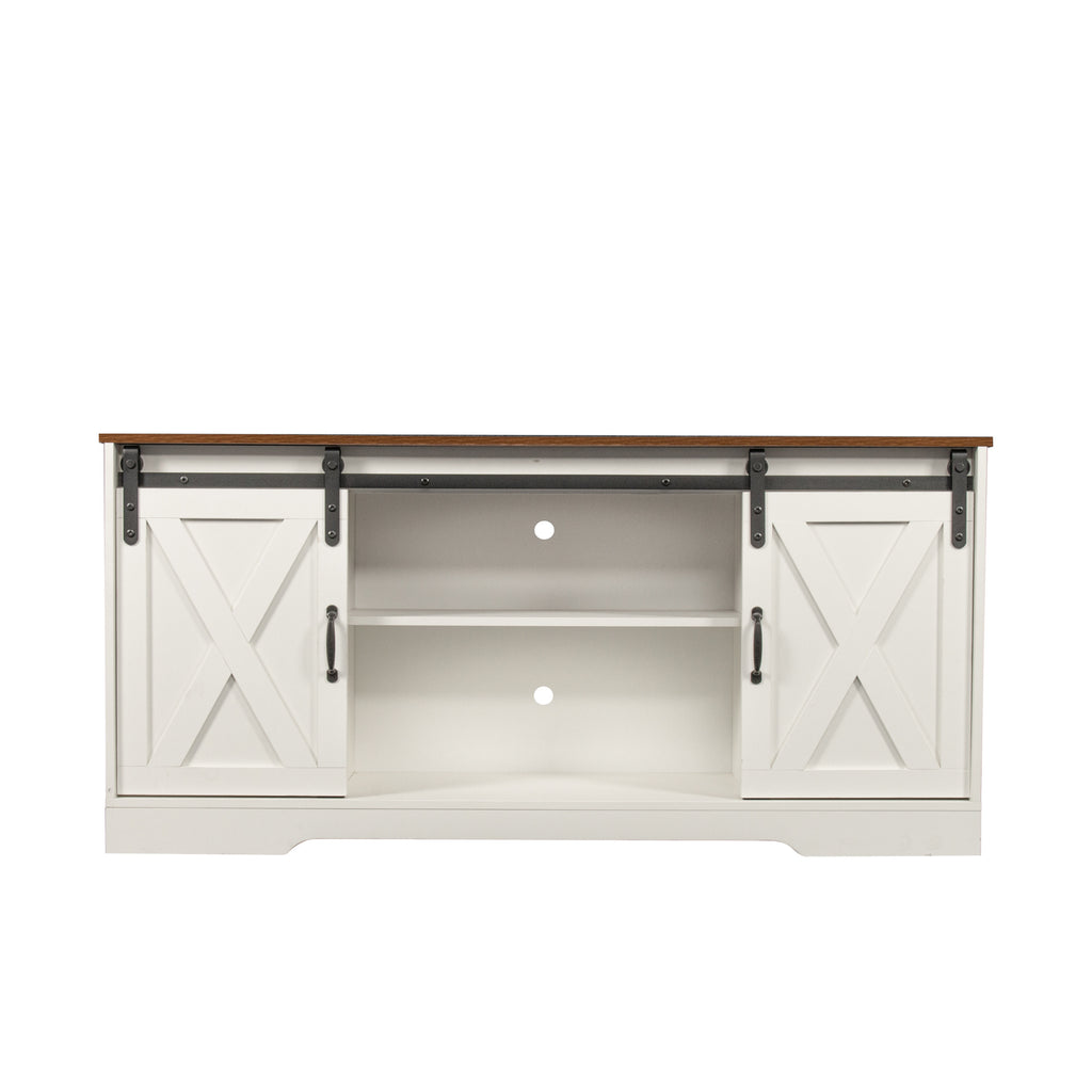 Distressed White&Rustic Sliding Barn Door TV Stand Modern&Farmhouse Wood Entertainment Center, Storage Cabinet Table Living Room with Adjustable Shelves for TVs Up to 65" XH - Deals Kiosk