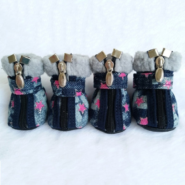 Pet Booties Set, 4 PCS Warm Winter Snow Stylish Shoes, Skid-Proof Anti Slip Sole Paw Protector with Zipper Star Design - Deals Kiosk