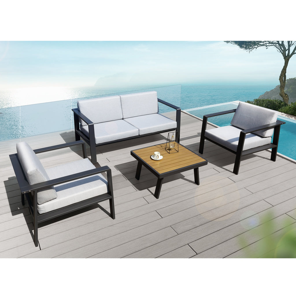 Higold 3801 Pro Nofi Patio Furniture, 4 Pieces Outdoor Conversation Set with Loveseat, Grey Seat Cushions, Matte Charcoal AluminumFrame, Imitated Teak Aluminum Tabletop - Deals Kiosk