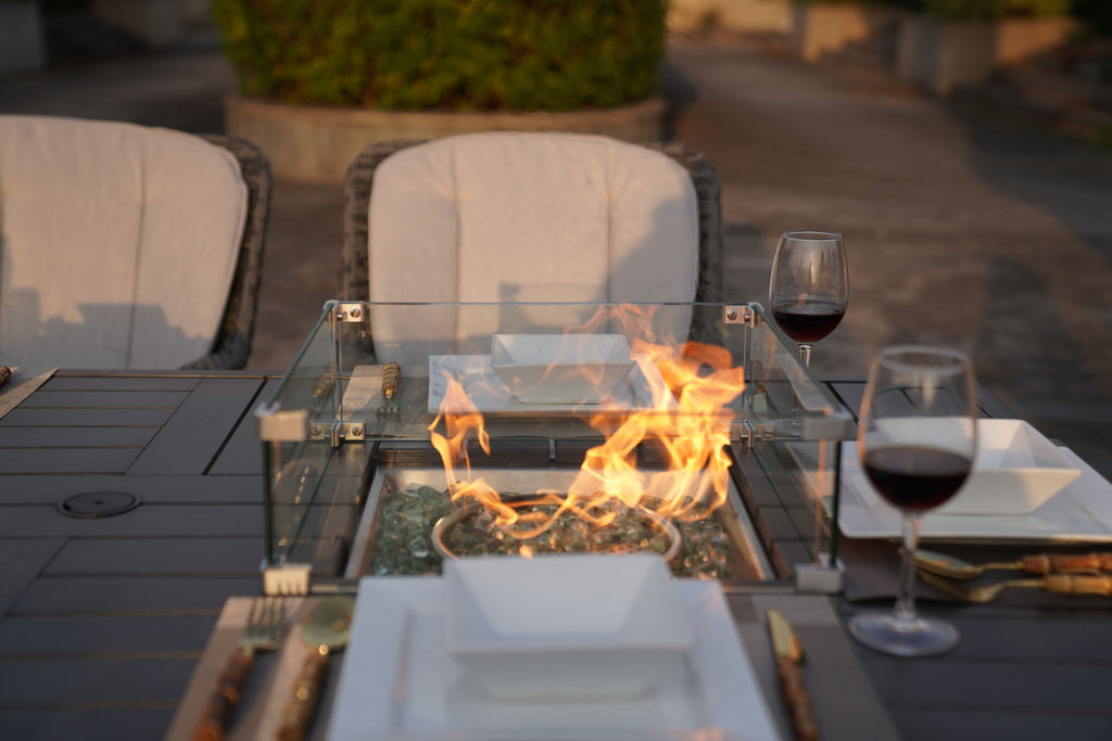 7 PCS Patio Gas Firepit and Ice Container Rectangle Dining Set with 6 Standard Height Chairs - Deals Kiosk