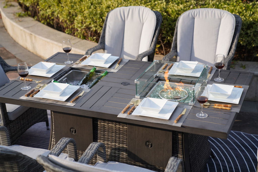 7 PCS Patio Gas Firepit and Ice Container Rectangle Dining Set with 6 Standard Height Chairs - Deals Kiosk