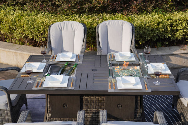 7 PCS Patio Gas Firepit and Ice Container Rectangle Dining Set with 6 Standard Height Chairs - Deals Kiosk