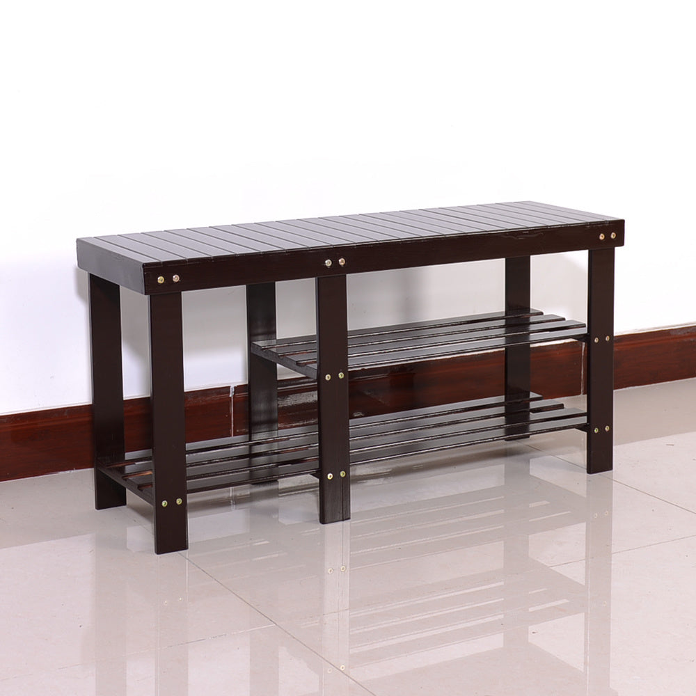 90cm Strip Pattern Tiers Bamboo Stool Shoe Rack with Boots Compartment RT - Deals Kiosk