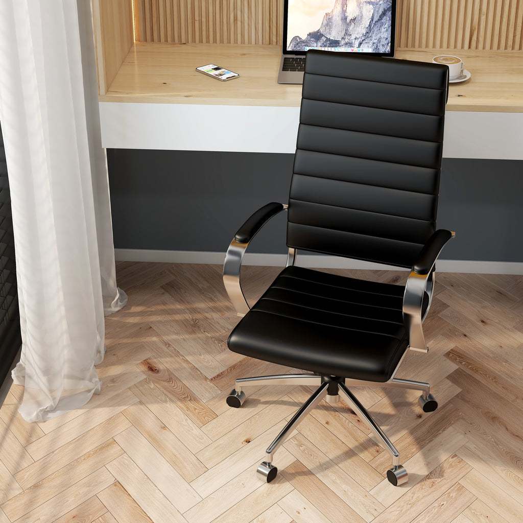 High Back Office Chair with Armrest Ergonomic Desk Chair for Extra Back & Lumbar Support Black Adjustable Swivel Chair in Durable Vegan Leather - Deals Kiosk