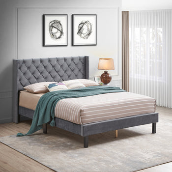 Linen Button Tufted-Upholstered Bed with Curve Design - Strong Wood Slat Support - Easy Assembly - Gray, Queen AL - Deals Kiosk