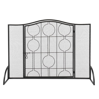 40x29in Mesh Fireplace Screen with Single Door, Wrought Iron Panel Fire Spark Guard Gate Safety Protector (Black) - Deals Kiosk