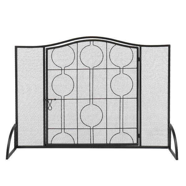 40x29in Mesh Fireplace Screen with Single Door, Wrought Iron Panel Fire Spark Guard Gate Safety Protector (Black) - Deals Kiosk