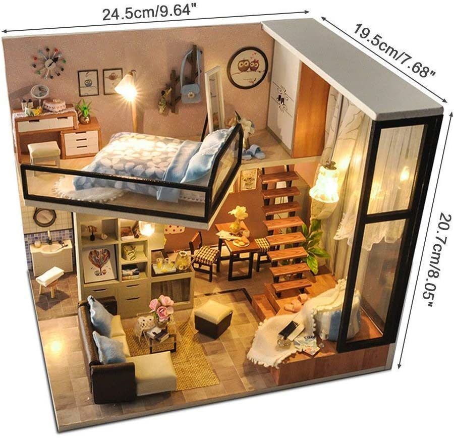 DIY Dollhouse Kit with Dust Proof Cover 1:24 Scale Wooden DIY Miniature Dollhouse Kit Toy Gift - Deals Kiosk