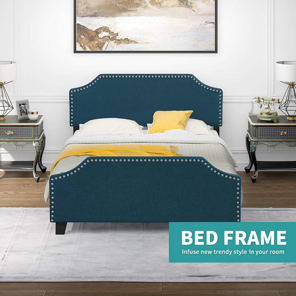 mecor Upholstered Linen Queen Platform Bed Frame - Mattress Foundation with Curved Nailhead Trim Headboard - Headboard Height Adjustable - Wood Slats Support (Blue Fabric, Queen) RT - Deals Kiosk