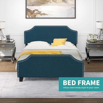 mecor Upholstered Linen Queen Platform Bed Frame - Mattress Foundation with Curved Nailhead Trim Headboard - Headboard Height Adjustable - Wood Slats Support (Blue Fabric, Queen) RT - Deals Kiosk
